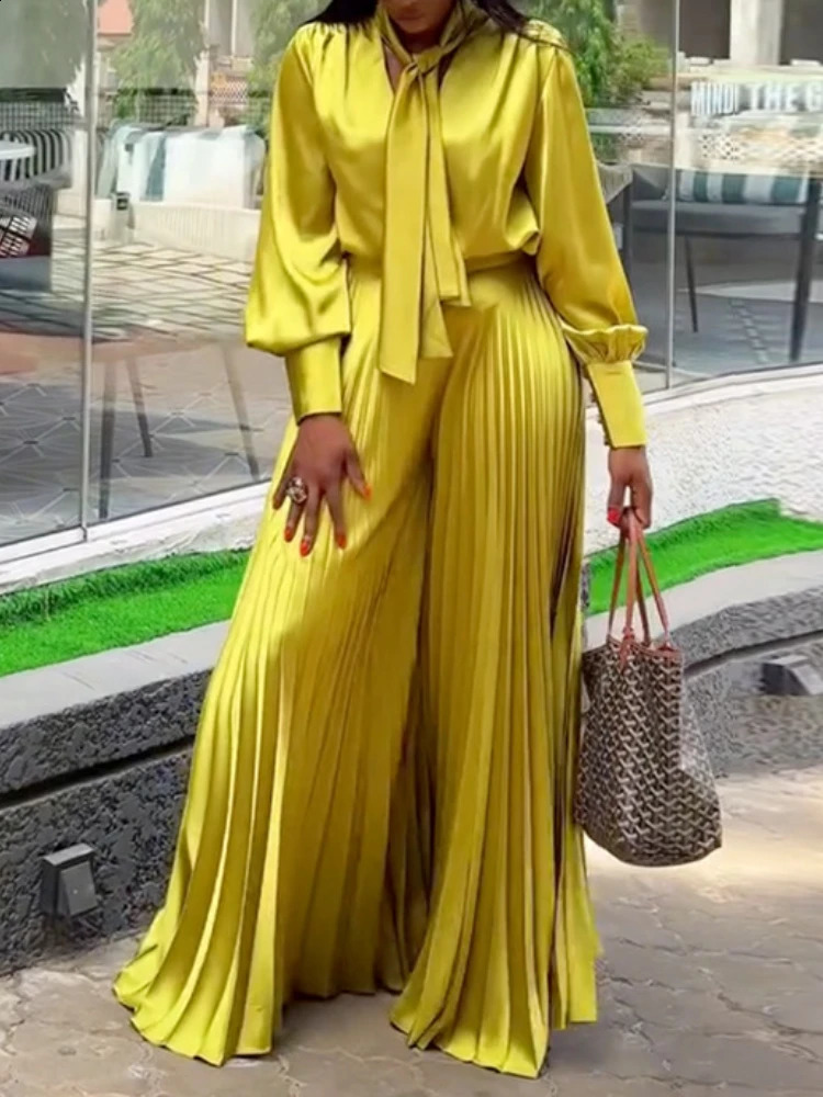 Two Piece Sets Women Outfits V Neck Lace Up Long Lantern Sleeve Tops Wide Leg Pleated Trousers Streetwear Party Causal Pant Sets 250530