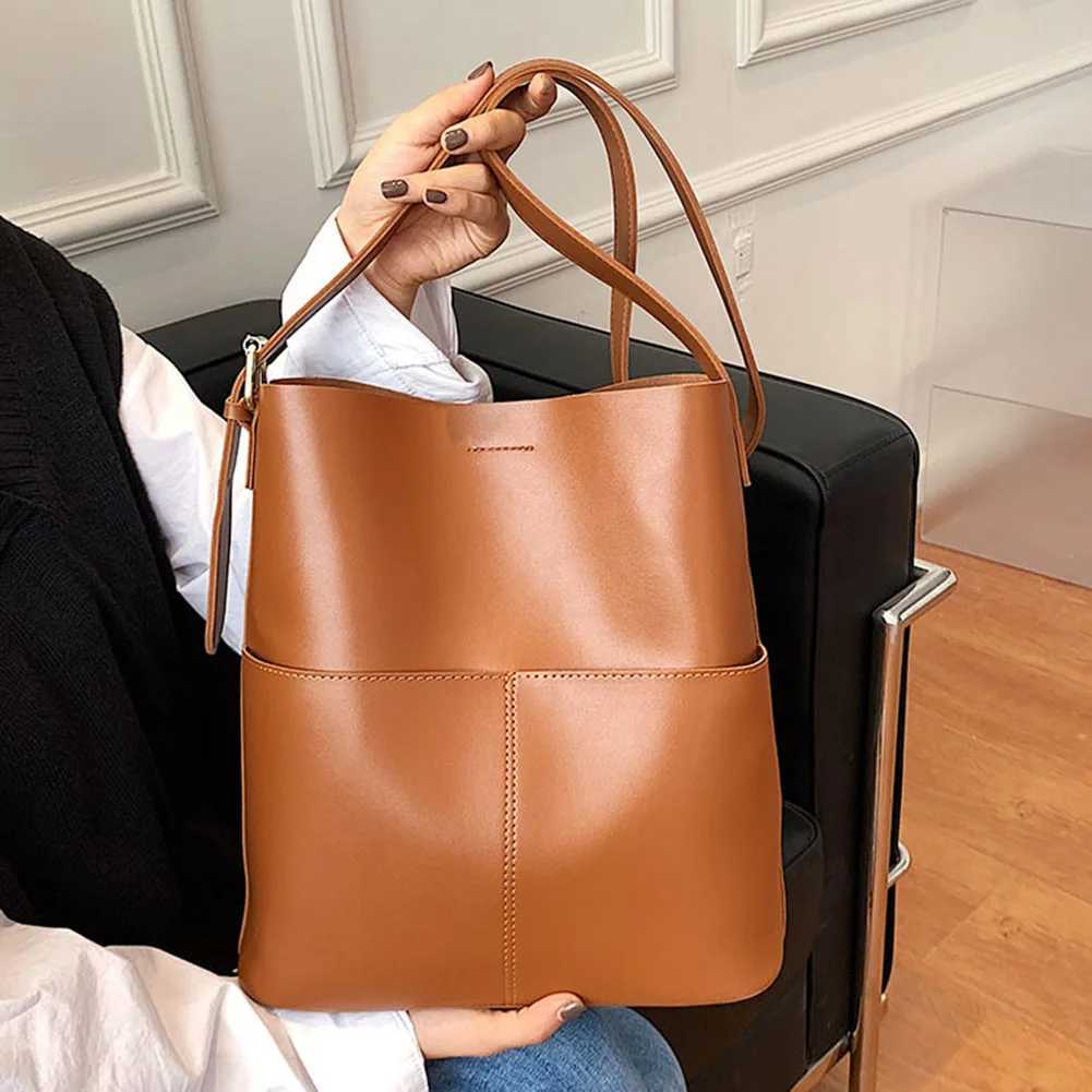 Women Leather Bucket Bag Multi Pocket Shoulder Tote Bag Casual Top Handle Bag Satchel Hobo Bag Outdoor Travel Bag W250602