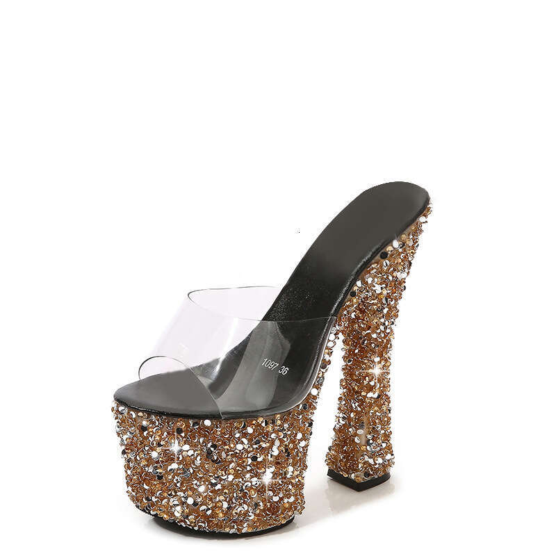 Super High Heels Hentian High Nightclub Chunky Heels 14Cm 18Cm Car Slippers Gold Powder Rhinestone Women's Catwalk Pole Dancing Shoes Platform Hi