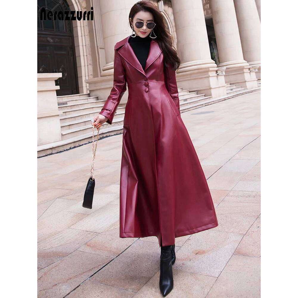 Nerazzurri Maxi fit and flare leather trench coat for 2021 spring Long designer clothing women long sleeve lapel