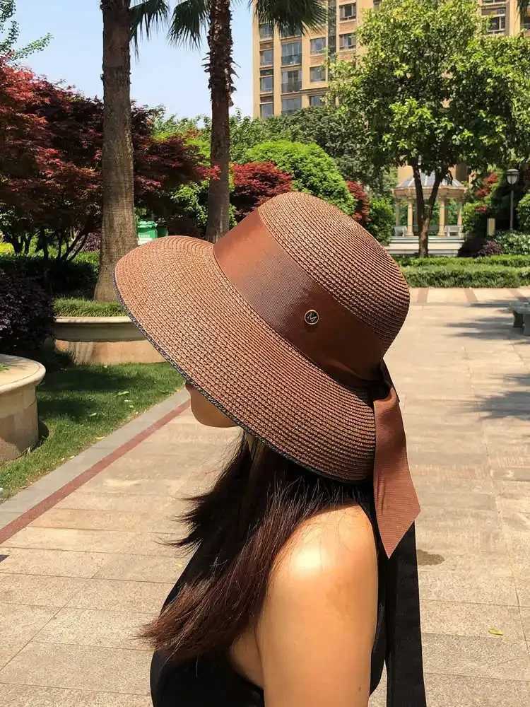 Womens French Retro Straw Sun Hat with Bow Detail - Hepburn Style Elegant Wide Brim UPF 50+ Sun Protection for Beach Vacation W250602