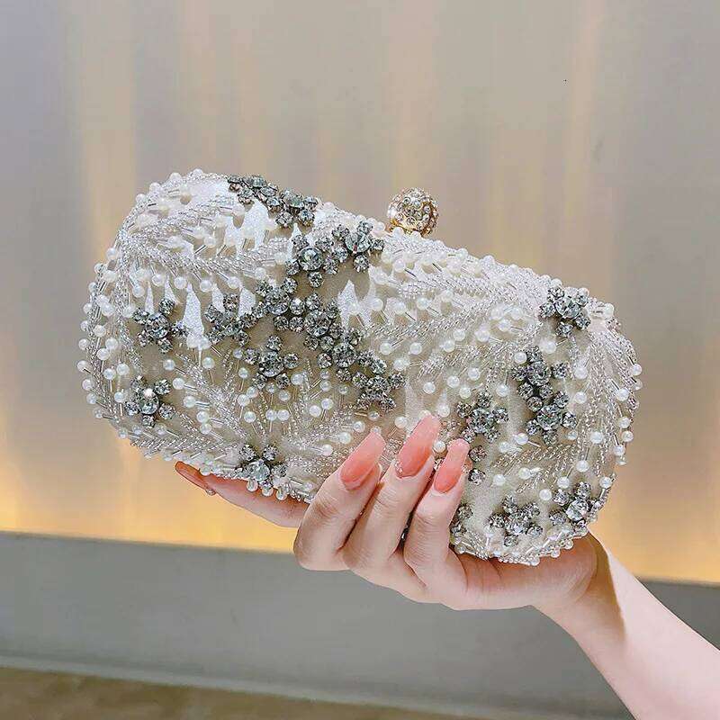 Party Shiny Handmade Bag Dazzling Flower Women Crystal Pearl Clutch Evening Bags Hollow Out Wedding Shoulder Handbag And Purse