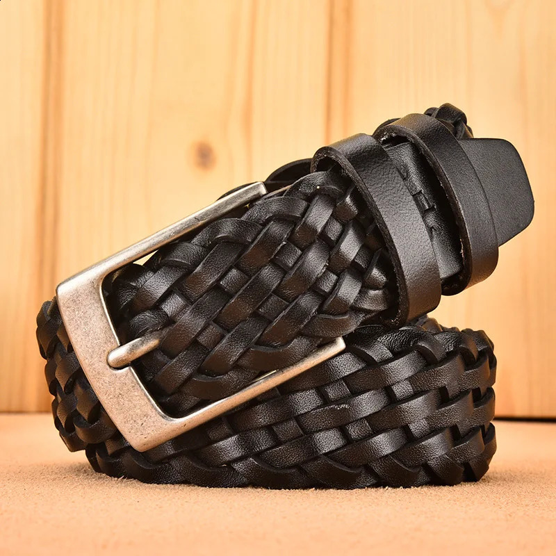 Men Real Cowhide Belt Woven Casual Buckle Layer Hollow Hand Woven Fashion Couple Personalized Student Jeans 250530