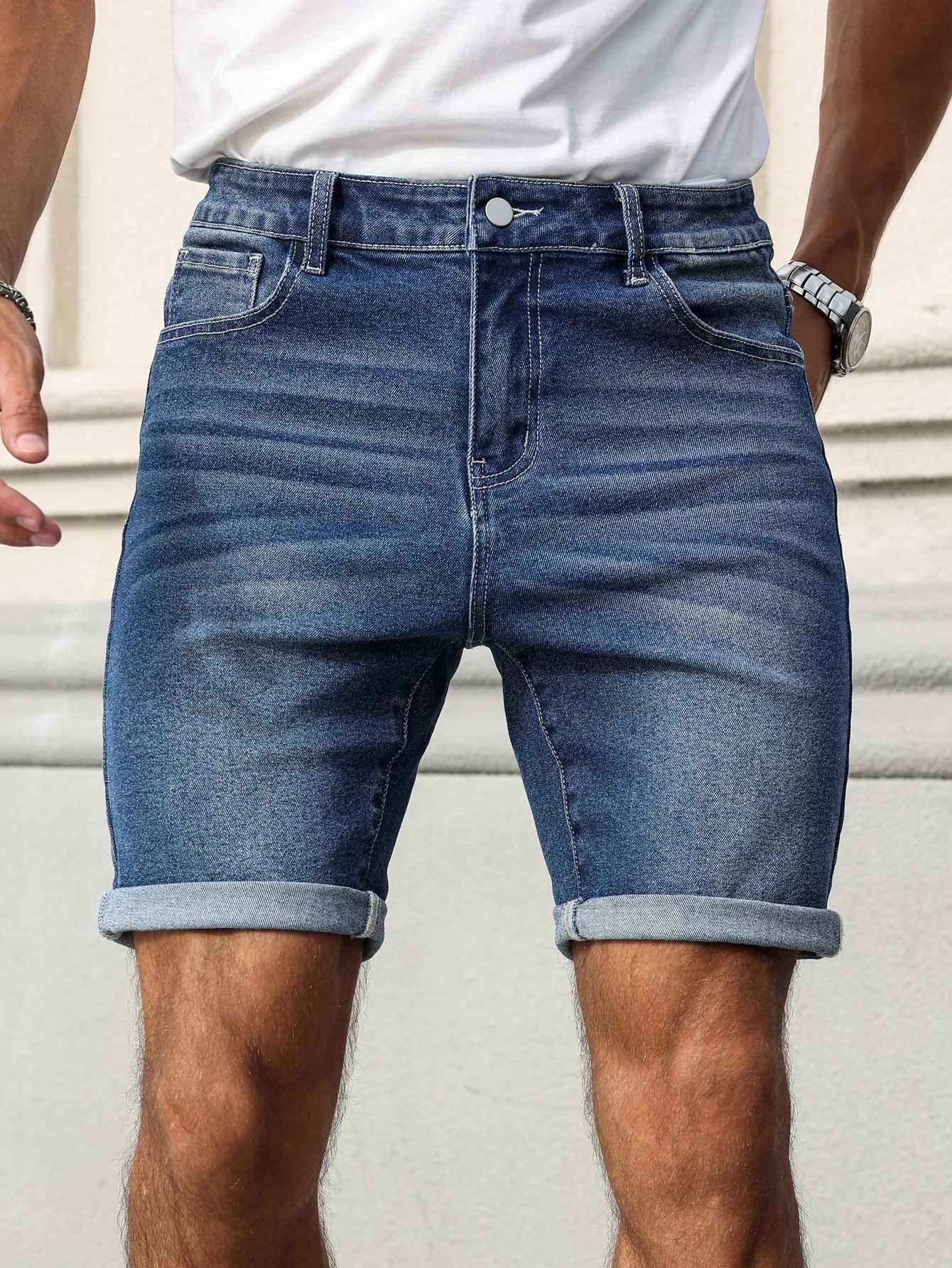 Mens Summer Denim Shorts with a Blue Retro Texture. The style is simple casual and street-style. T250603