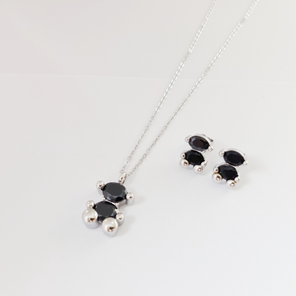 New Fashion Women Men Silver Gold Stainless Steel Bear Cartoon Span Black Purple Green Blue Zircon Pendant Necklace Earrings Sets Jewelry