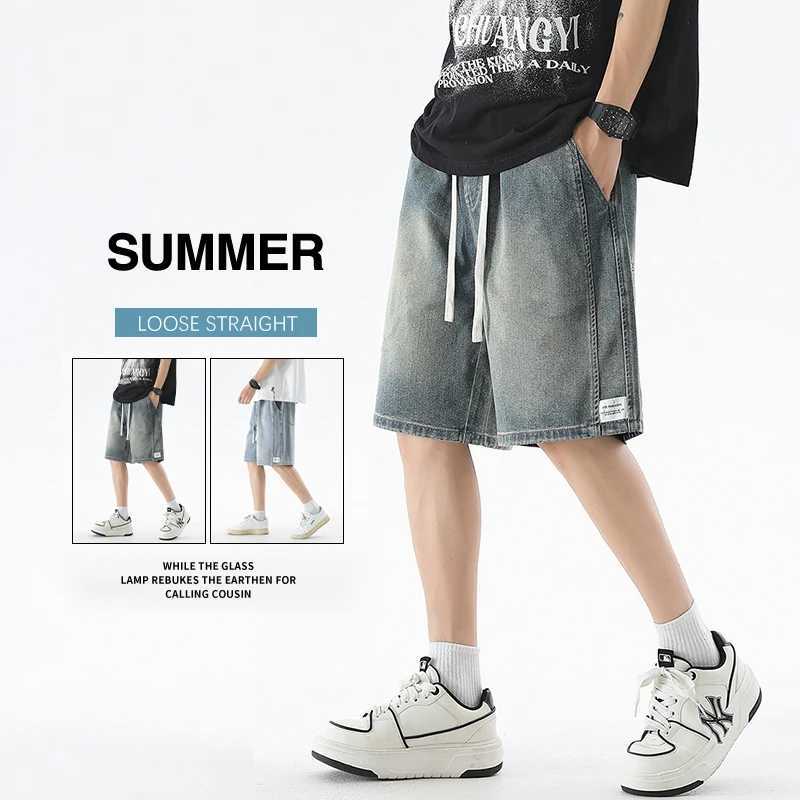 Summer Thin Baggy Mens Denim Shorts Streetwear Fashion Drawstring Loose Casual Wide Leg Knee-Length Short Jeans Retro Blue T250603