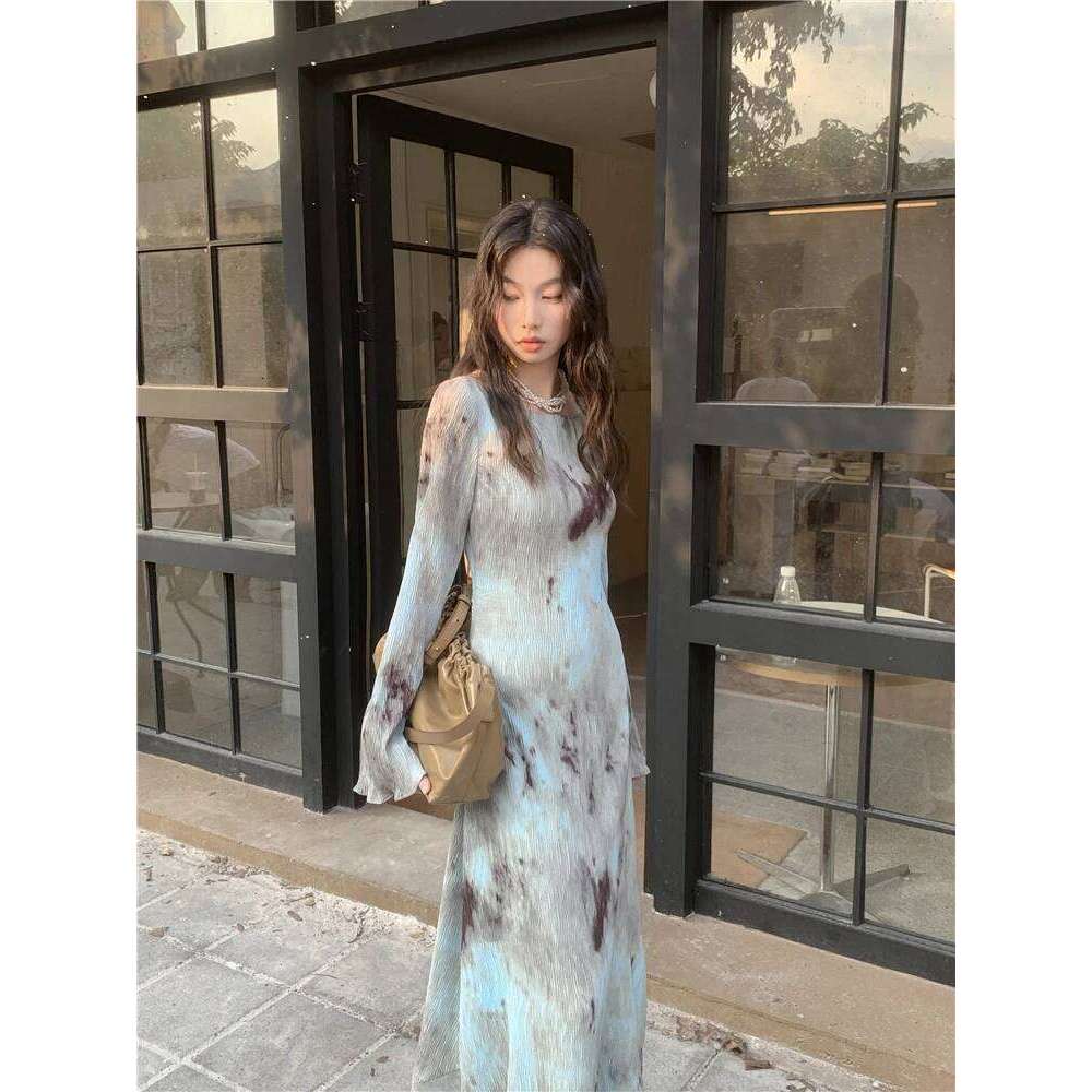 Designer Pleate French Maxi For Women Flare Long Sleeve Swing A Line Dress Fall Clothes