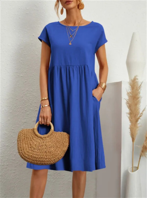 Cotton Linen Dress For Women Summer Casual Splicing Pocket Dresses Vestido Fashion Female Clothing Short Sleeve Loose Midi Dress 250529