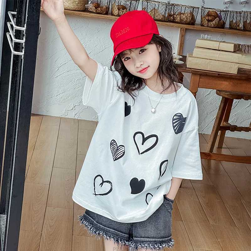 Hot Sale Child Summer Short Sleeve T-shirt with Heart Print For Girls Elegant Cotton Tshirt Outfit Tee Tops Age 5 7 9 11 13 14 Y T250603