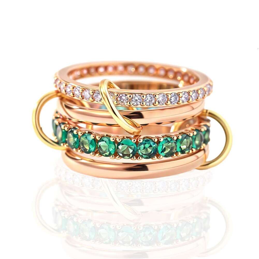 Hot Selling Rose Gold Color Four Inlaid with Green Diamond Zircon Stacking Rings Trendy Fashion Jewelry Chain