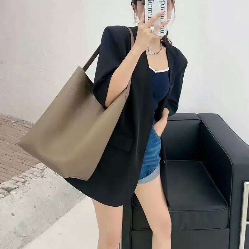 Simple Minimalist-Style Grey Black Bucket Tote 4 Sizes No Genuine Cow Leather Women Handbag Armpit Shoulder Bag
