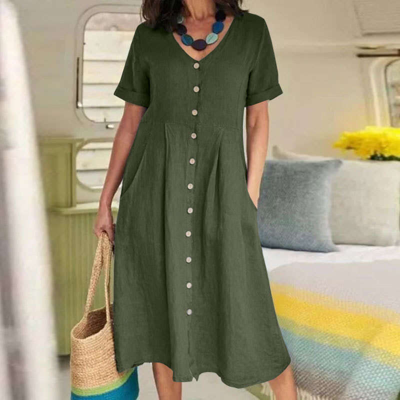Spring/Summer New Solid Color Loose High-Waisted Cotton Linen Dress B5