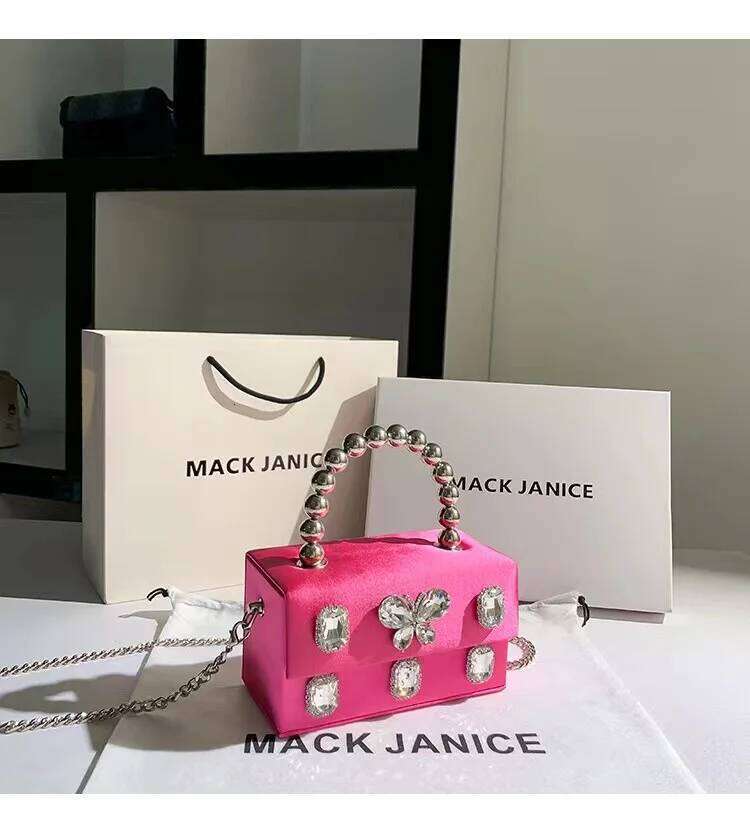 Hot Pink Satin Square Box Beaded Handle Women Handbag Crystal Shiny Dia Evening Wedding Party Clutch Purse Crossbody Bag