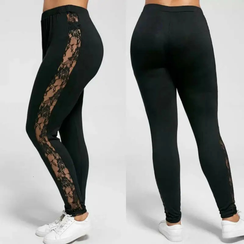 Womens Sexy Leggings Floral Lace Pants Side Sheer Black Leggings Slim Stretch Sexy Trousers Size L-3XL 250603