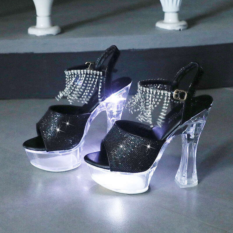 Super High Heels Sequin 15Cm Extra Heels Chunky Waterproof Platform Extreme Tassel Super High Heel Sandals Glowing Platform High Heels