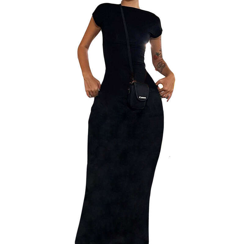 Autumn Fashion Trend Women's New Short Sleeve Round Neck Slim Fit Bodycon Backless Dress B5