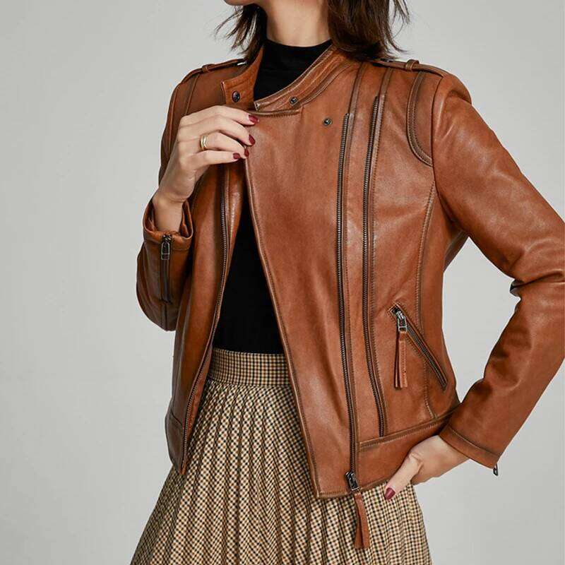 S-3XL Women's Real Leather Jackets Fashion Stand Collar Short Slim Diagonal Zipper Female First Layer Sheepskin Black Coat Tops