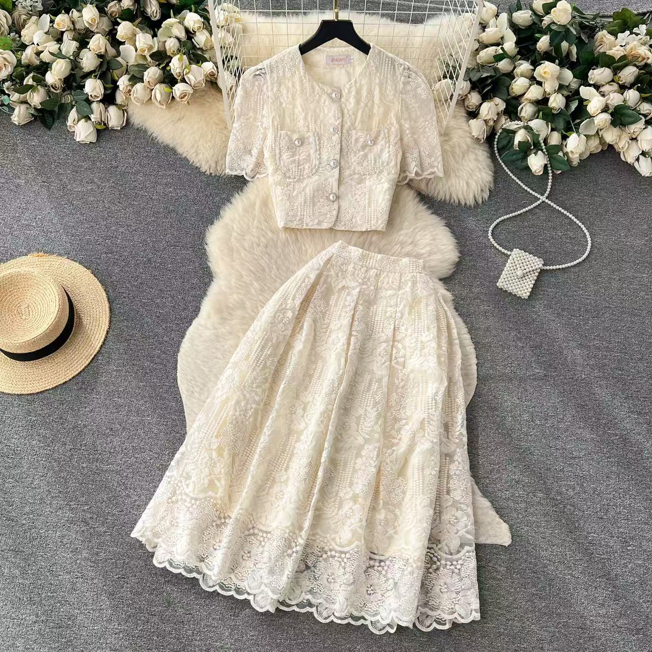 Two Piece Dress Summer Korean Small Fragrance Style Lace Set Two Piece Suit Lace Hook Flower Short Sleeve Shirt Tops Midi Skirt Women's Outfits