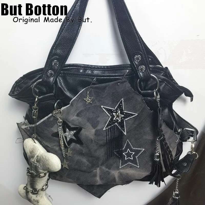 Women Y2k Girl Vintage Large Capacity Gothic Handbag Tote Haruku Bag Stars Bones One Shoulder Underarm Bags Messenger Bags