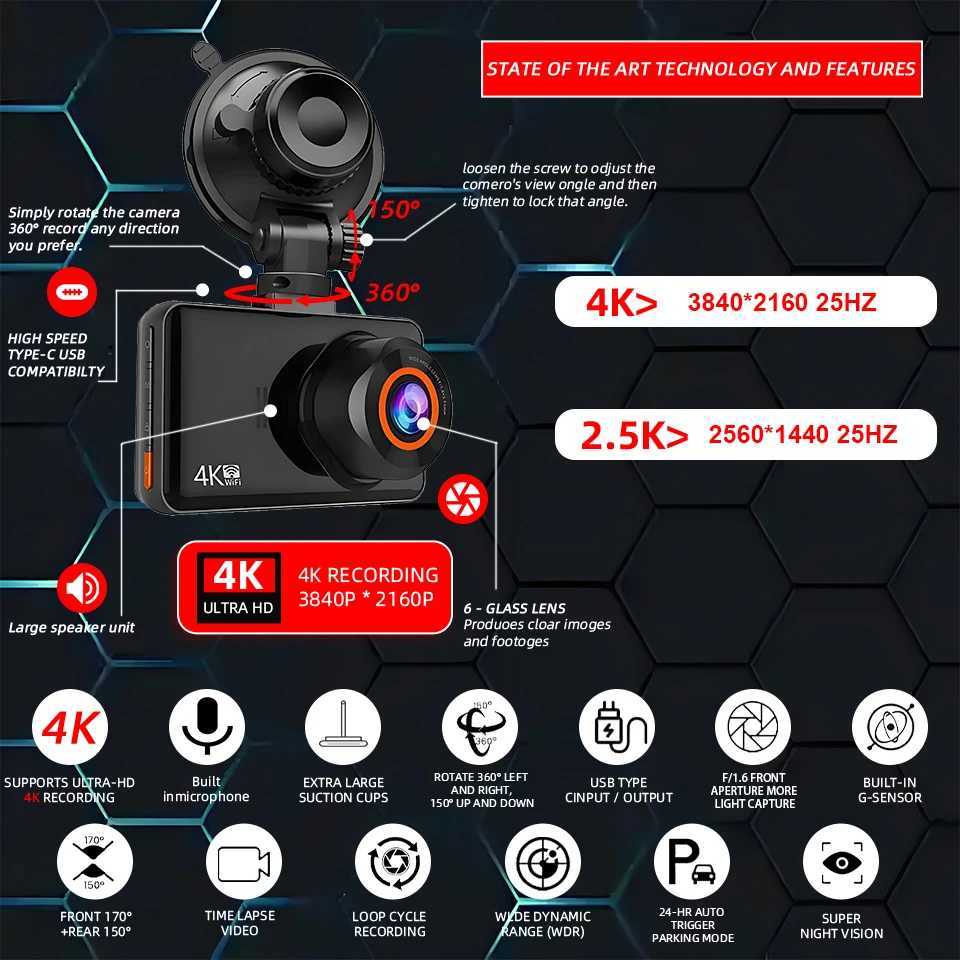 Car dvr Dash Cam 4K+2.5K Dual Channel Car dvr Support WIFI GPS Speed Display 24h Parking Loop Record Night Vision Black Box R250529