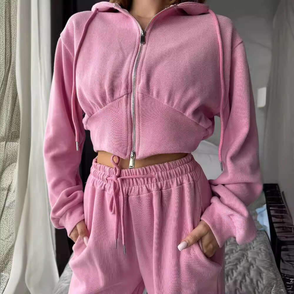 American Style Solid Color Simple Zipper Long Sleeve Hoodie Set High-End Low Waist Drawstring Elastic Sweatpants Women B5