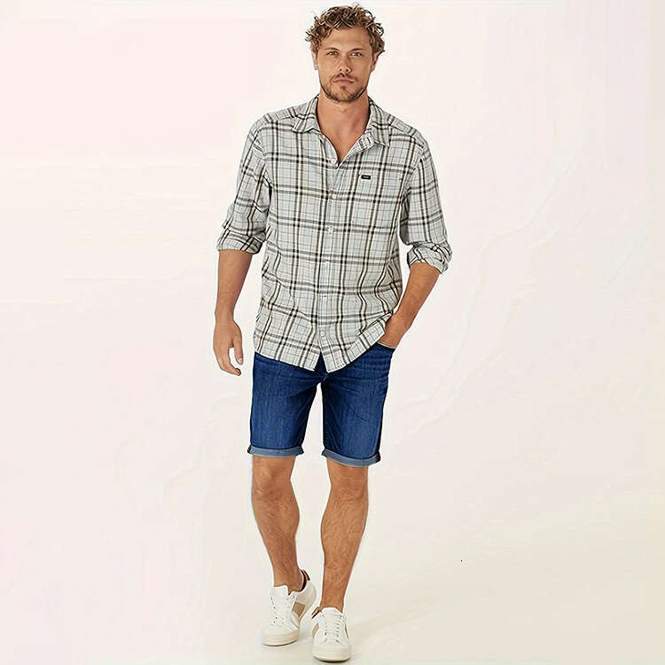 Fashion New Men's Casual Straight-Leg Cuffed Denim Shorts Five-Point Pants B5