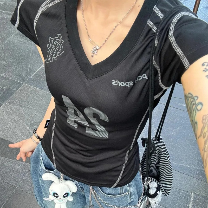 American Street Gothic Print Sports Short-sleeved T-shirt Women Y2K Retro Girl Stretch Slim Harajuku Fashion Casual Top 250529