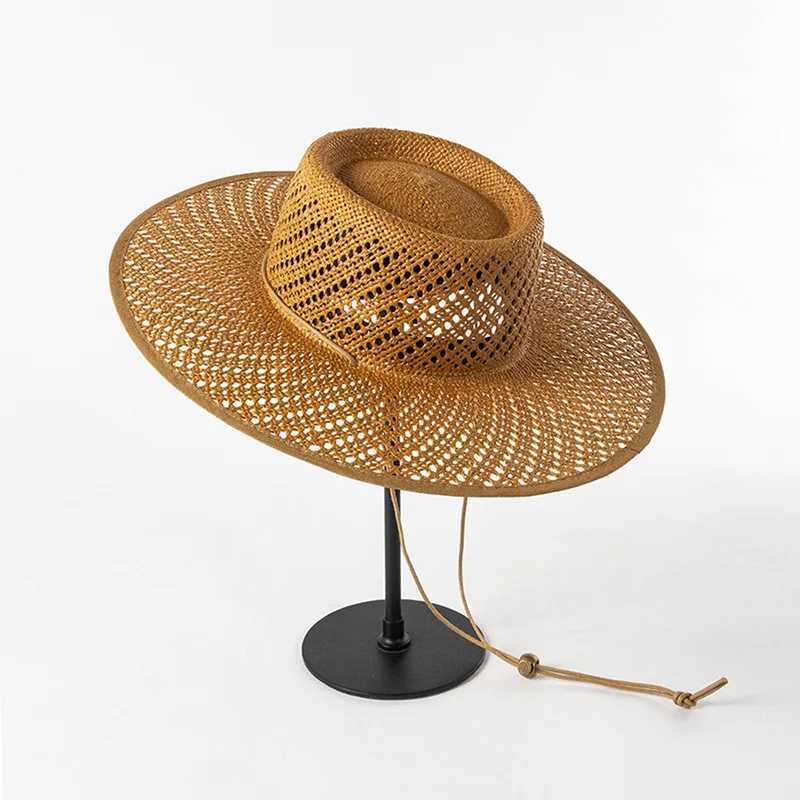 New Designer Style Hollow Big Brim Beach Straw Hats For Women With Straps Fashion Design Summer Sun Hats Lady Panama Fedora Hat W250602