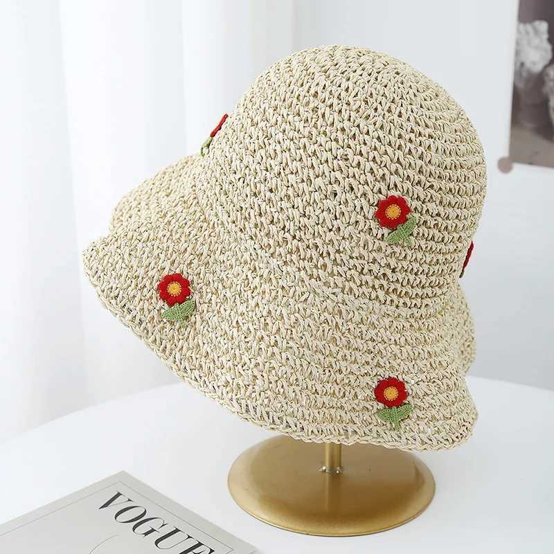 Womens Korean Style Straw Bucket Hat Floral Adjustable Sun Protection Sun Hat Breathable Foldable Beach Hat for Summer Outdoor W250602