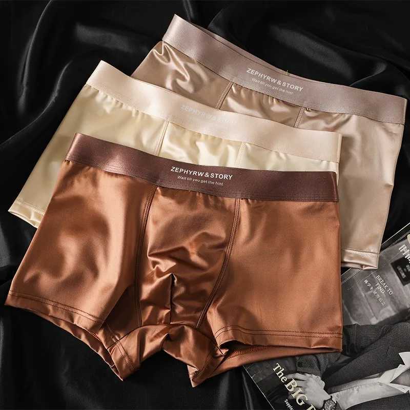 3Pcs Luxury Ice Silk Satin-like Mens Underpants Man Underwear Smooth Cool Solid Breathable Boxer Shorts W250603