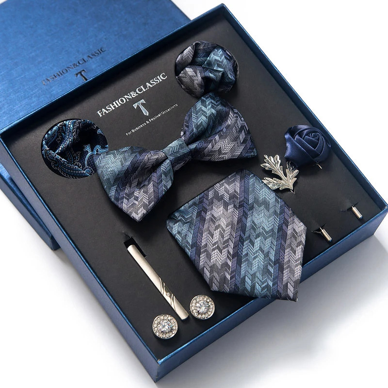est Silk Tie Set Handkerchief Pocket Squares Cufflink Bow Tie Clip Necktie Set Bussiness Wedding Suit Gift Box 250530