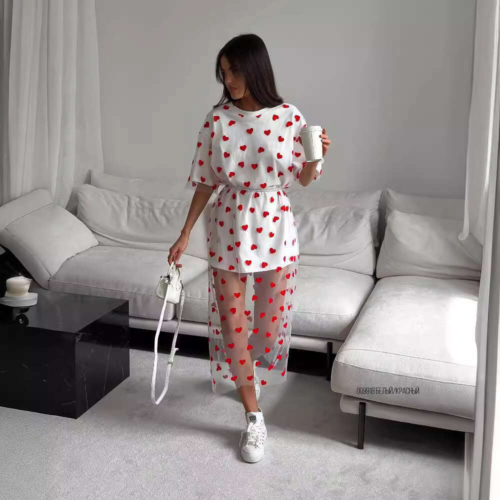 Hot Selling Heart Print Mesh Patchwork Solid Color For Women Spring Summer Breathable Thin Sexy Long Dress B5
