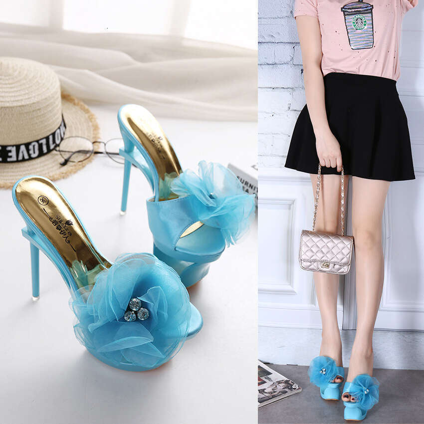 Super High Heels New Sexy Women's Blue Satin Rhinestone Decorated Chiffon Flower Waterproof Platform High Heels Platform High Heels