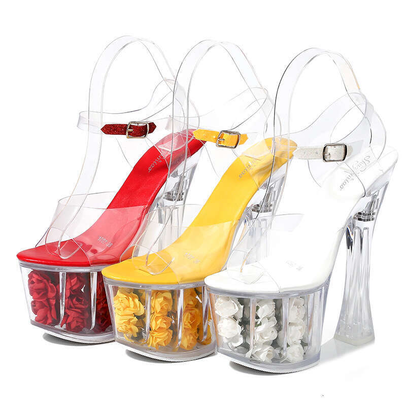 Super High Heels New Style Rose Flower Super High Heels Chunky Heel Sexy Waterproof Platform Sandals Transparent Crystal Wedding Shoes Platform High H
