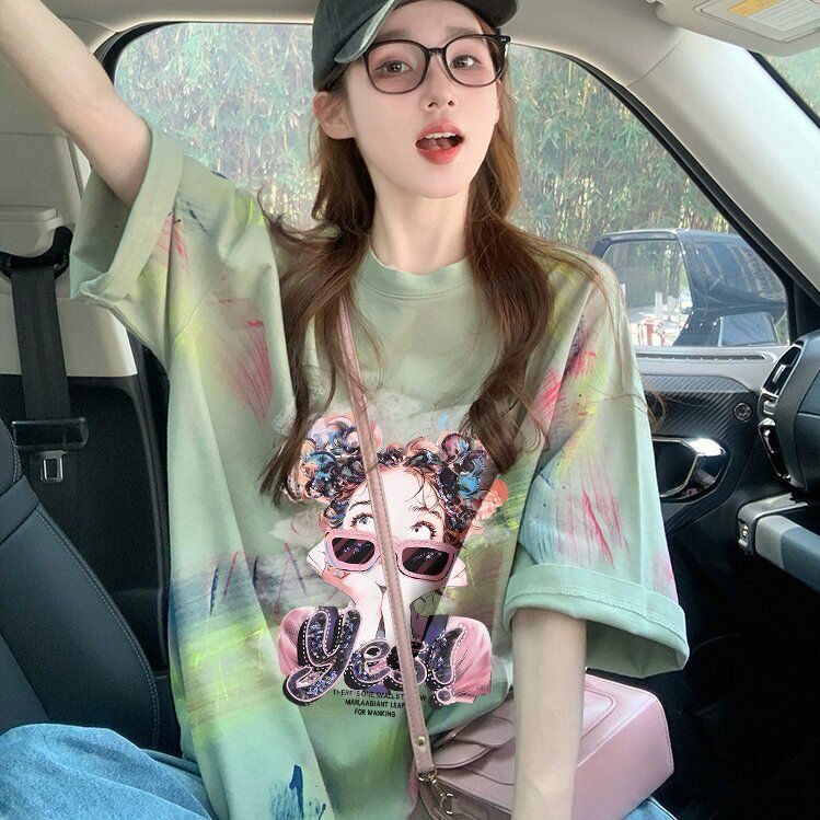 2025 Summer New Women's T-shirt Unique and Interesting Graffiti Printed Loose Cotton Women's T-shirt Fashion Inkjet Designer Medium length S