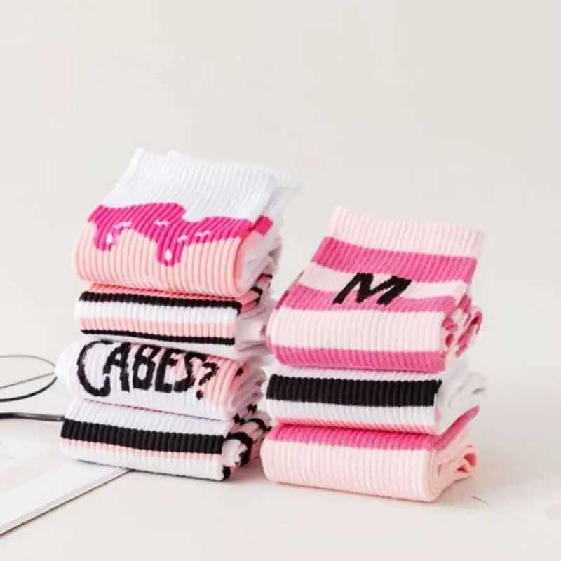 Women Sports Socks Pink Preppy Y2K Funny Socks Girls Striped Socks White Funny Socks With Print Harajuku 4 Pair T250602
