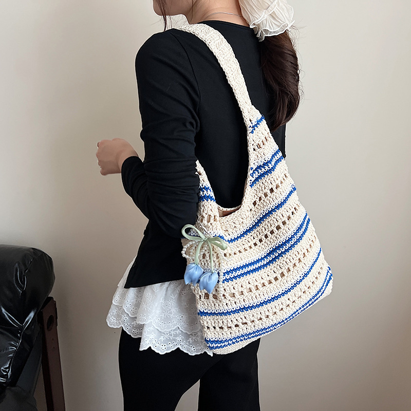 designer Niche Design Handwoven Bag 2025 New Striped Cotton Rope Women's Bag Trendy Hollow Handbag Shoulder Beach Bag