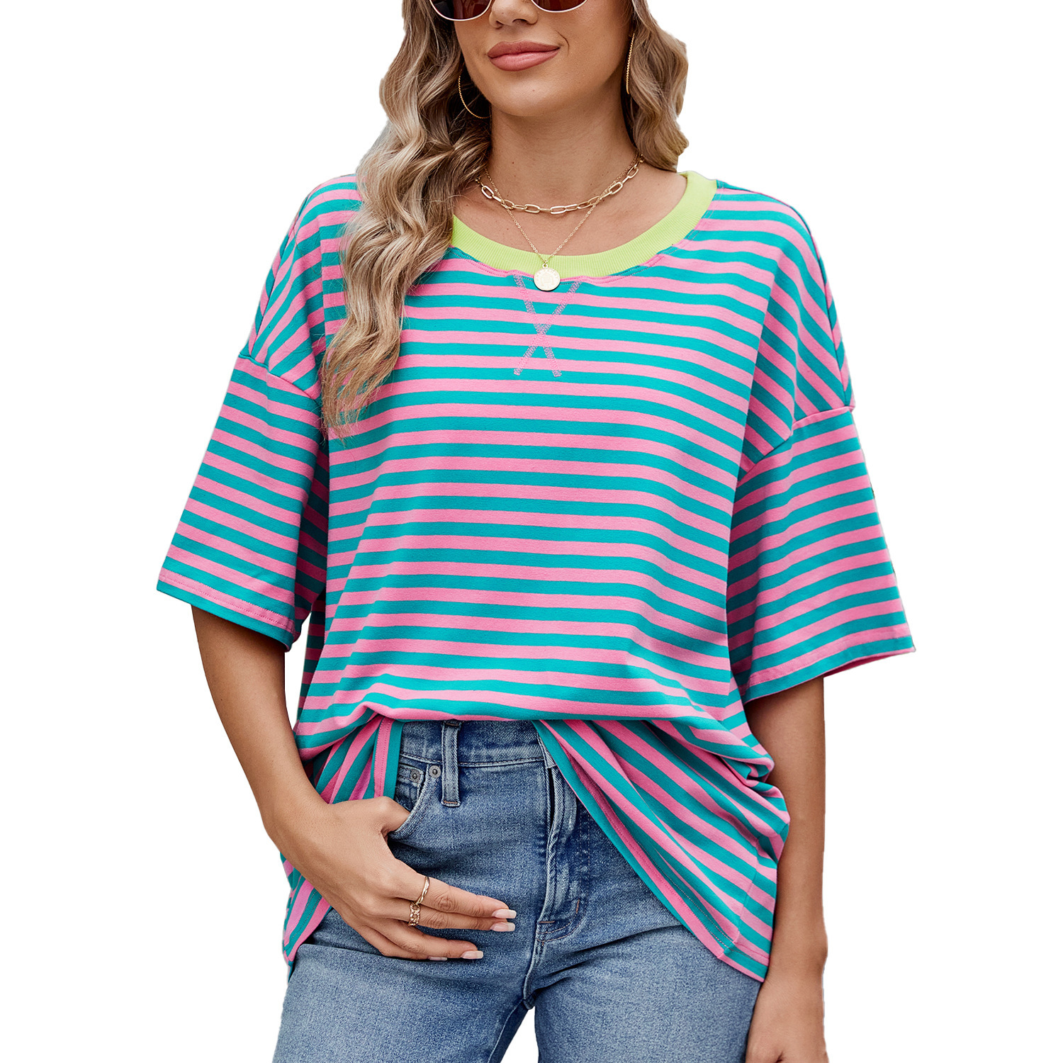 Luxury Designer Clothing, Fashionable Striped Color Block Loose Short Sleeved Women's T-shirt Top In Stock 2025 New Designer Short Sleeved Shirt