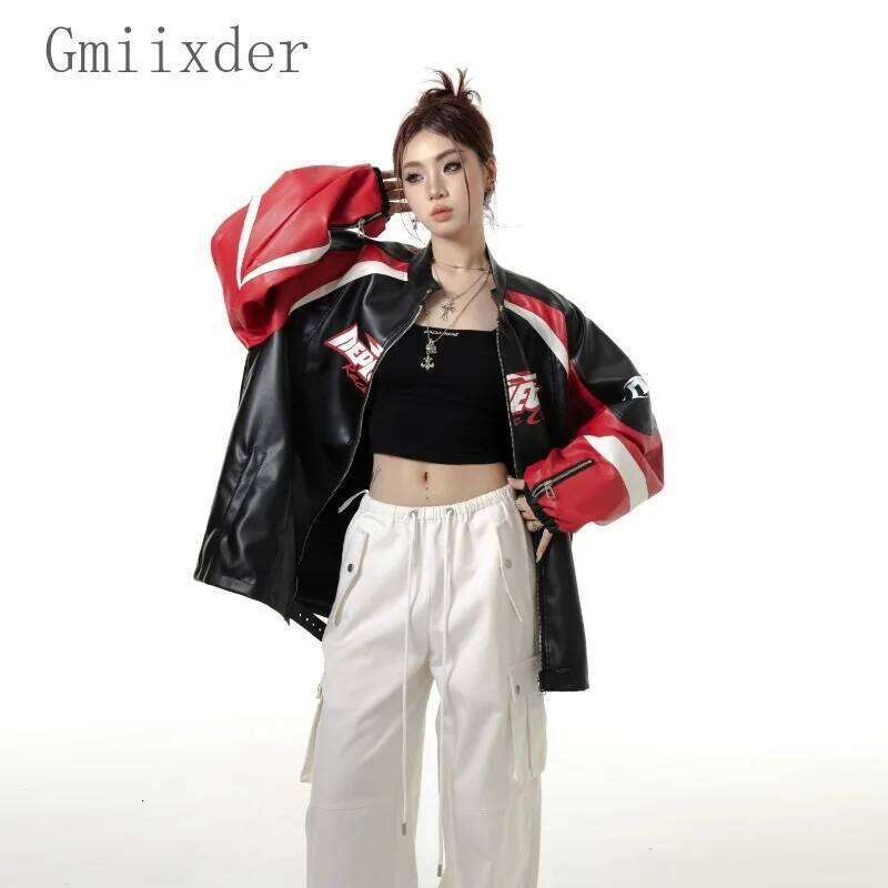 American Retro Splicing Racing Pu Leather Baseball Women Spring Autumn 2024 New Chinese Style Trendy Jacket Aesthetic