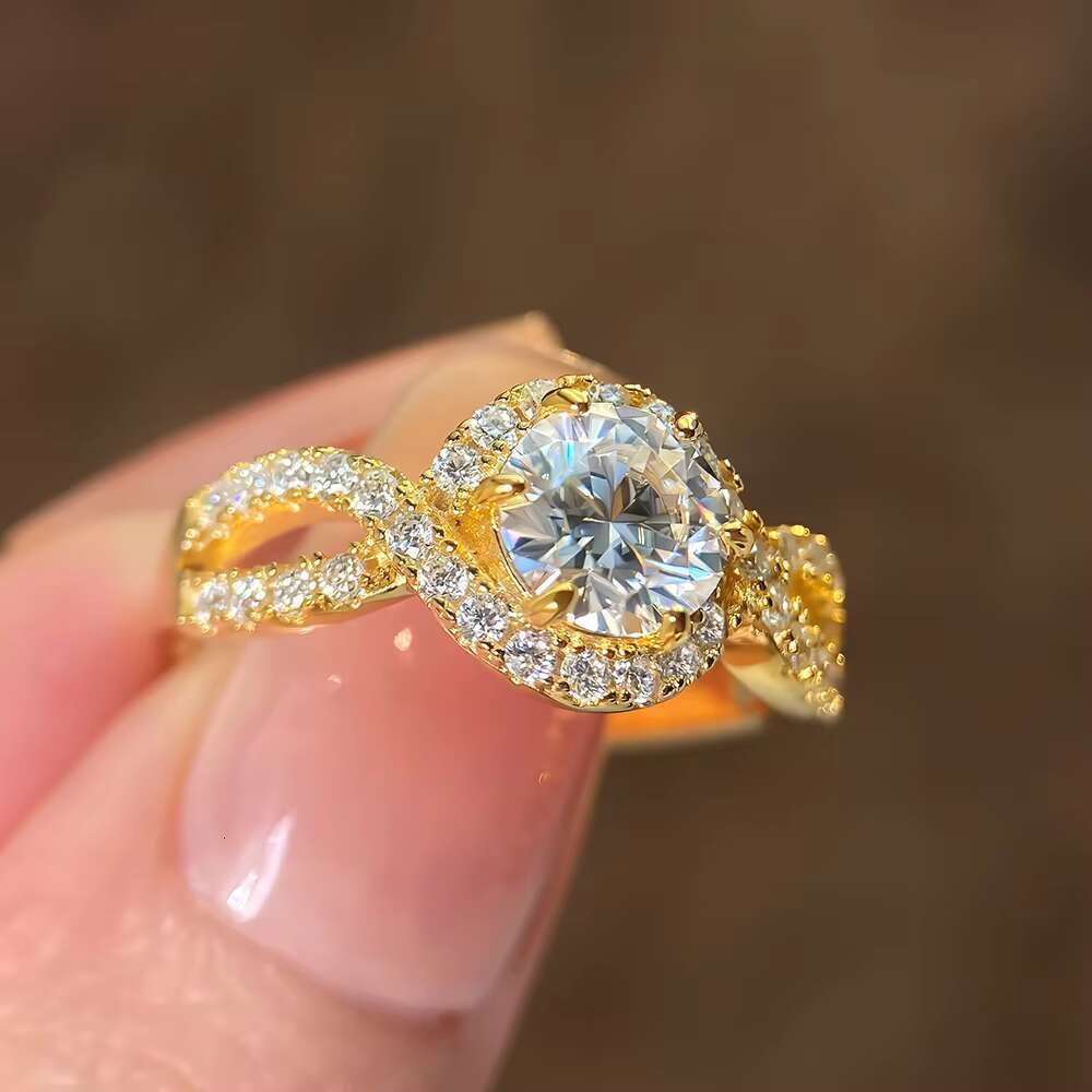 FOXI halo Engagement Ring Pave Set Moissanite Diamond Twisted Shank Accompanied Gold Plated 925 Sterling Silver Moissanite Ring