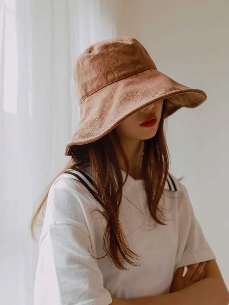 Wholesale 12cm Wide Brim Bucket Hat Women Outdoor Summer Foldable Big Brim Sun Hats Large 100% Cotton Panama Bob W250602