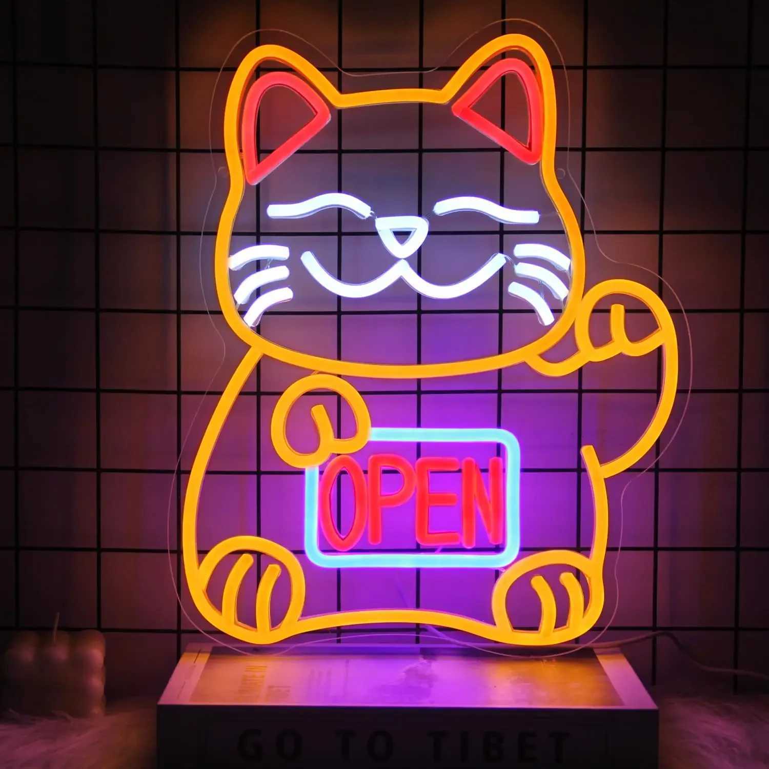 Lucky Cat Open Neon Sign USB Dimmable LED Sign for Restaurant Ramen Shop Izakaya Sushi Bar Decor Business Openings Decor Gift XJ250602