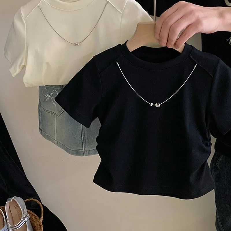 T-Shirts Tide Childrens Clothing New Girl Design Sense T-shirt Tops Versatile Bow Knot Cowboy Short Skirt 2024 Round Collar T250603
