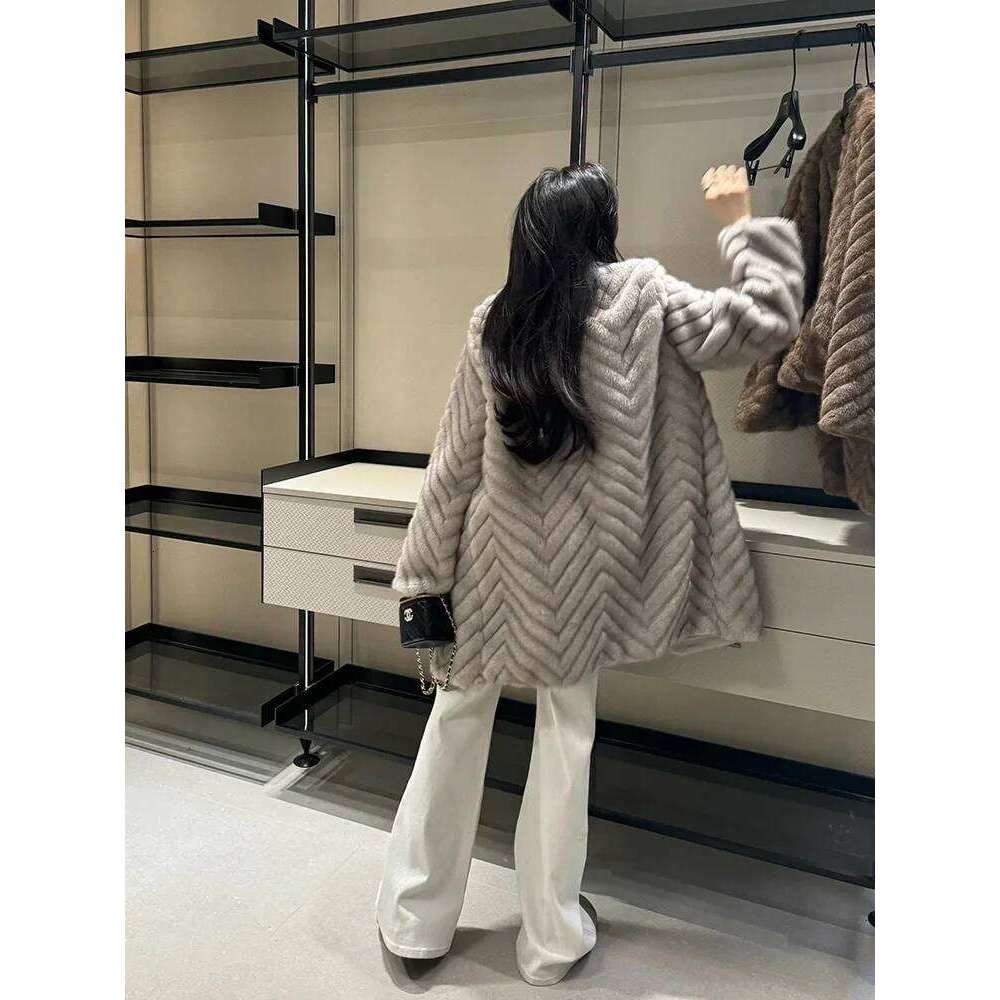 2025Winter New Faux Mink Midi Length Korean Style Eco-Friendly Fur One Piece Women's Jacket Plush Coat Overcoat