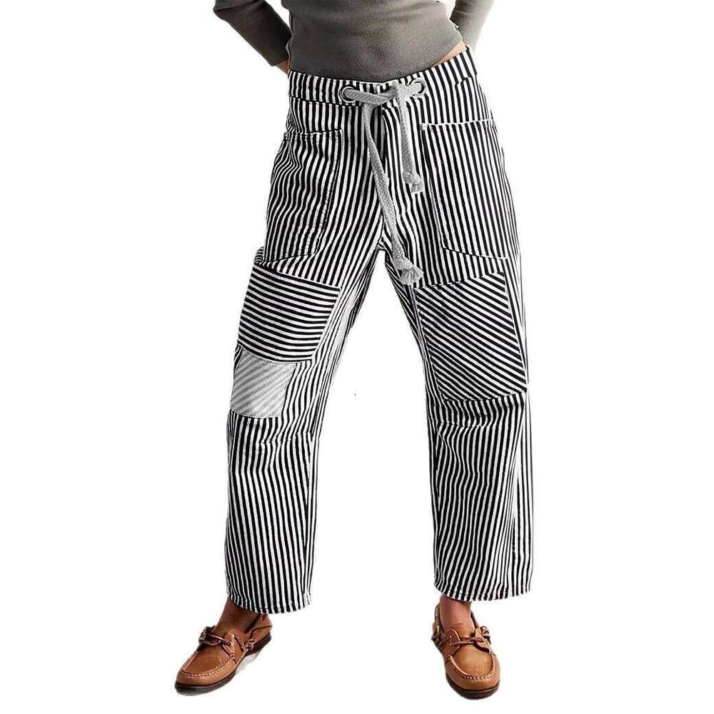 Mid-Waist Fashion Commuter Casual Loose Wide-Leg Striped Patchwork Drawstring Pocket Pants B5