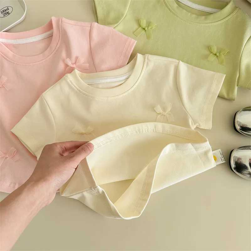 New Summer Cute Girls Short Sleeve T-shirt with Bow Ribbon Stylish Girl Toddler Simple Casual Childrens Clothing Thin Tops T250603