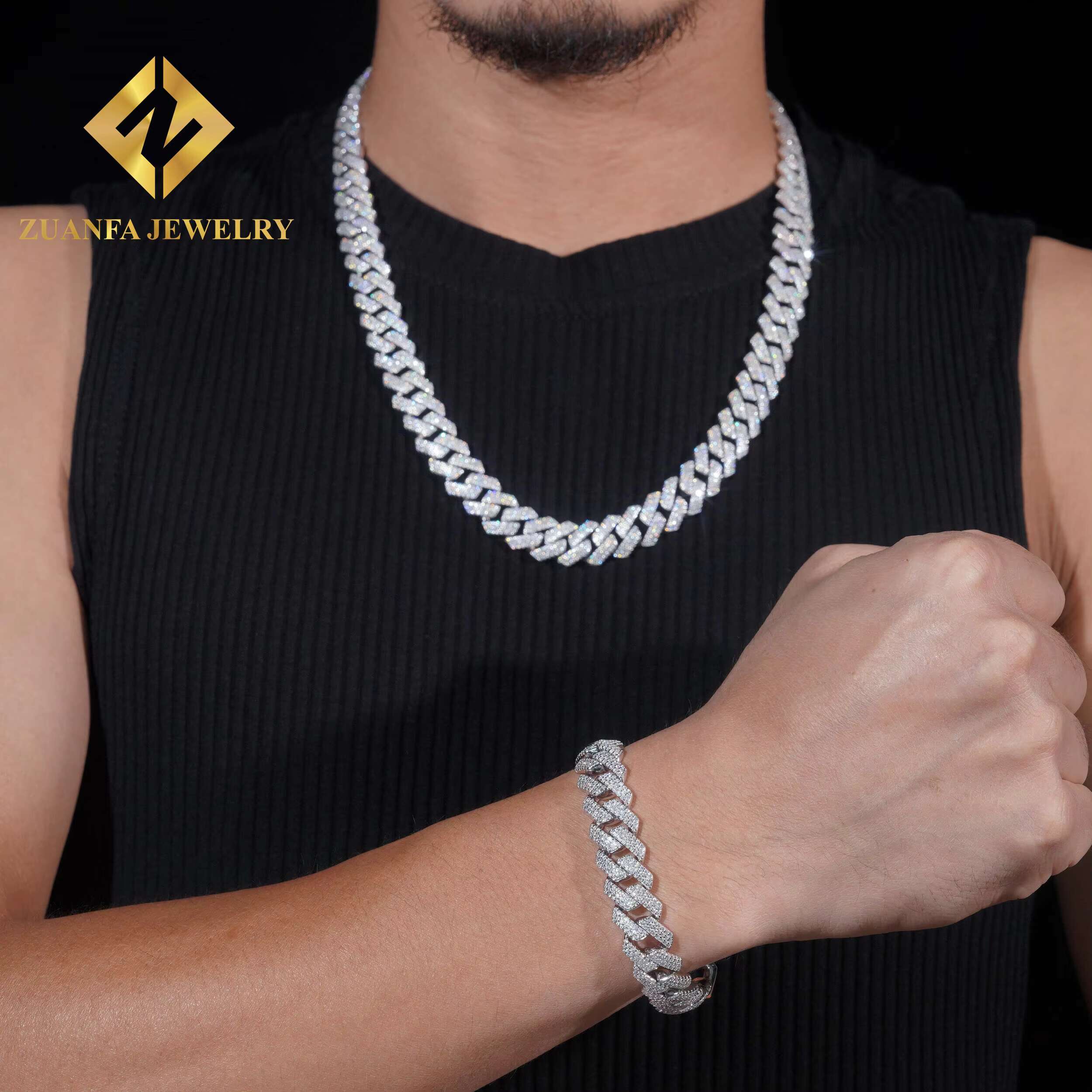14mm Moissanite 925 Silver Gold Plated Cuban Link Chain Fine Jewelry vvs