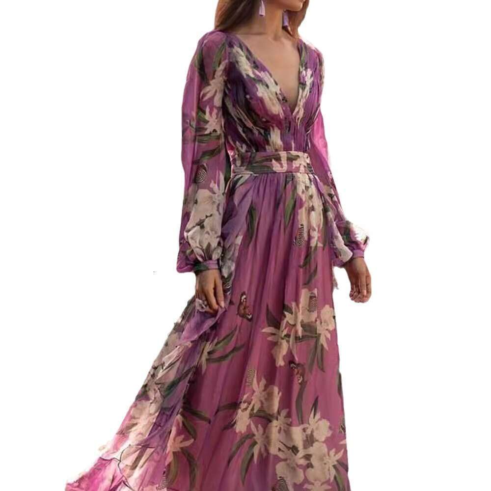 Summer New Printed Women's V-Neck Sleeve Flared Long Dress For Women B5