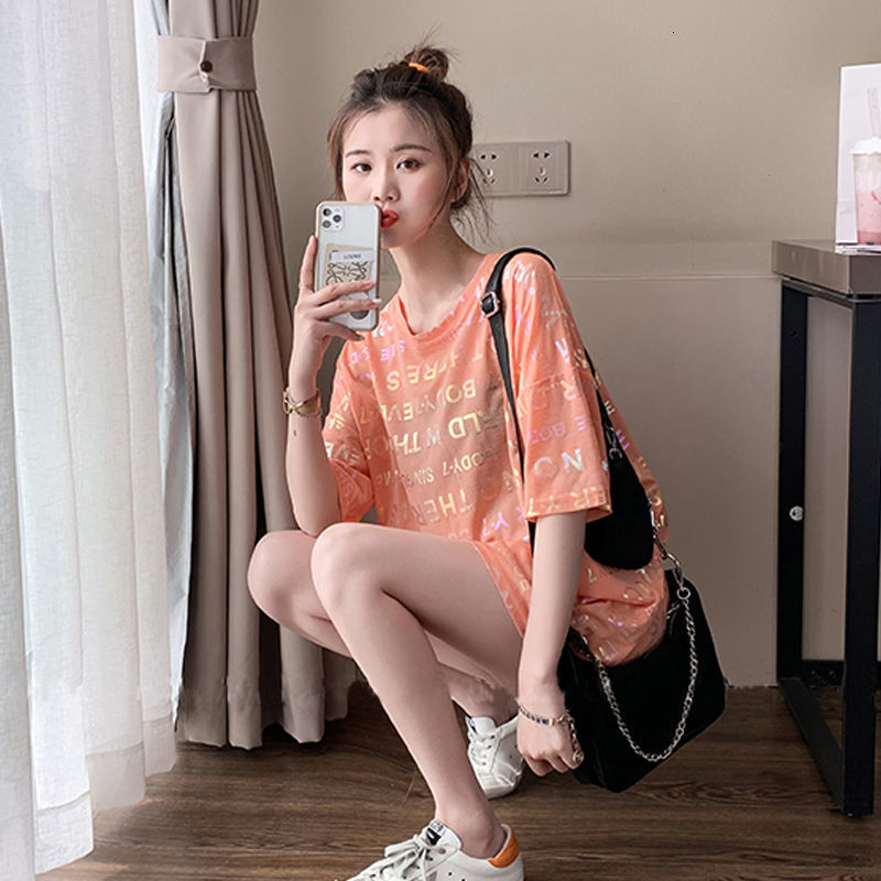 2025 Summer New Women's T-shirt New Women's Shiny Letter Printed T-shirt Summer Thin Short sleeved Top Hollow Designer Round Neck Loose Medi