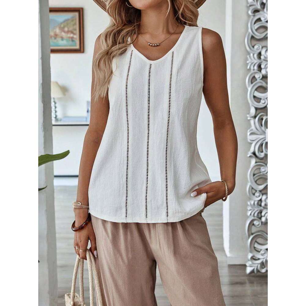 Spring/Summer TEMU Lace Hollow Sleeveless Cotton Linen Casual Solid Color Women's Vest B5